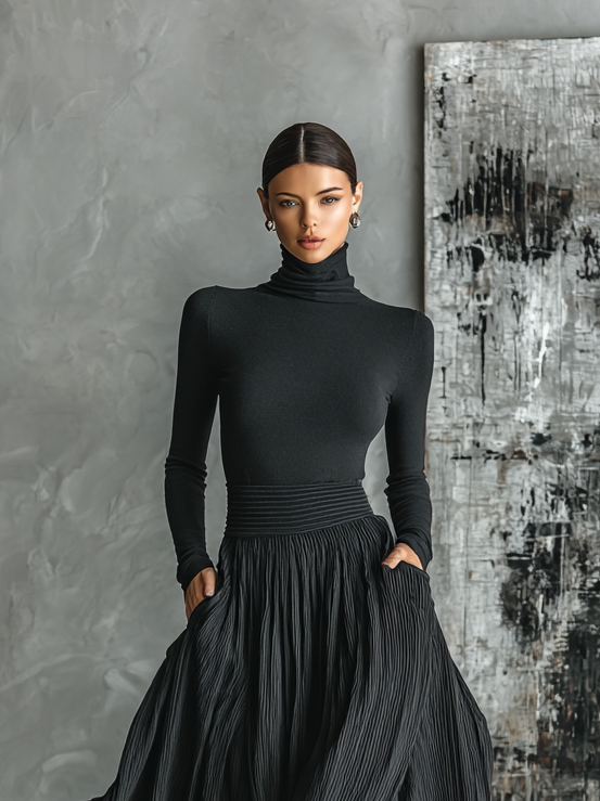 Women's Black Turtleneck Pleated Skirt Set – House of Velari