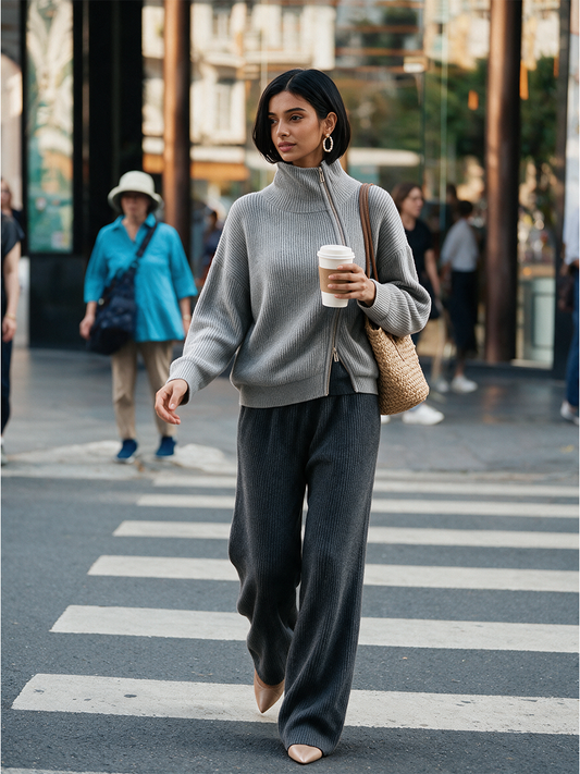 Women's Gray Diagonal‑Zip Funnel Neck Knit Sweater – House of Velari