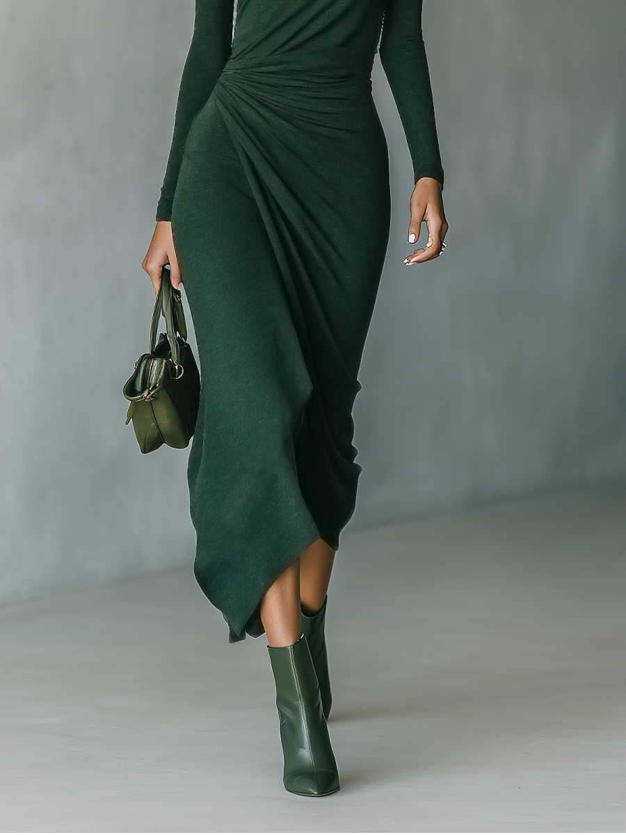 Women's Green Knit High Neck Wrap Midi Dress – House of Velari