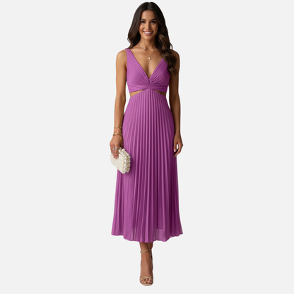 Women's Pleated V-Neck Midi Dress - Wedding Guest