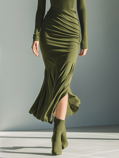 Women's Green Knit High Neck Pleated Maxi Dress – House of Velari