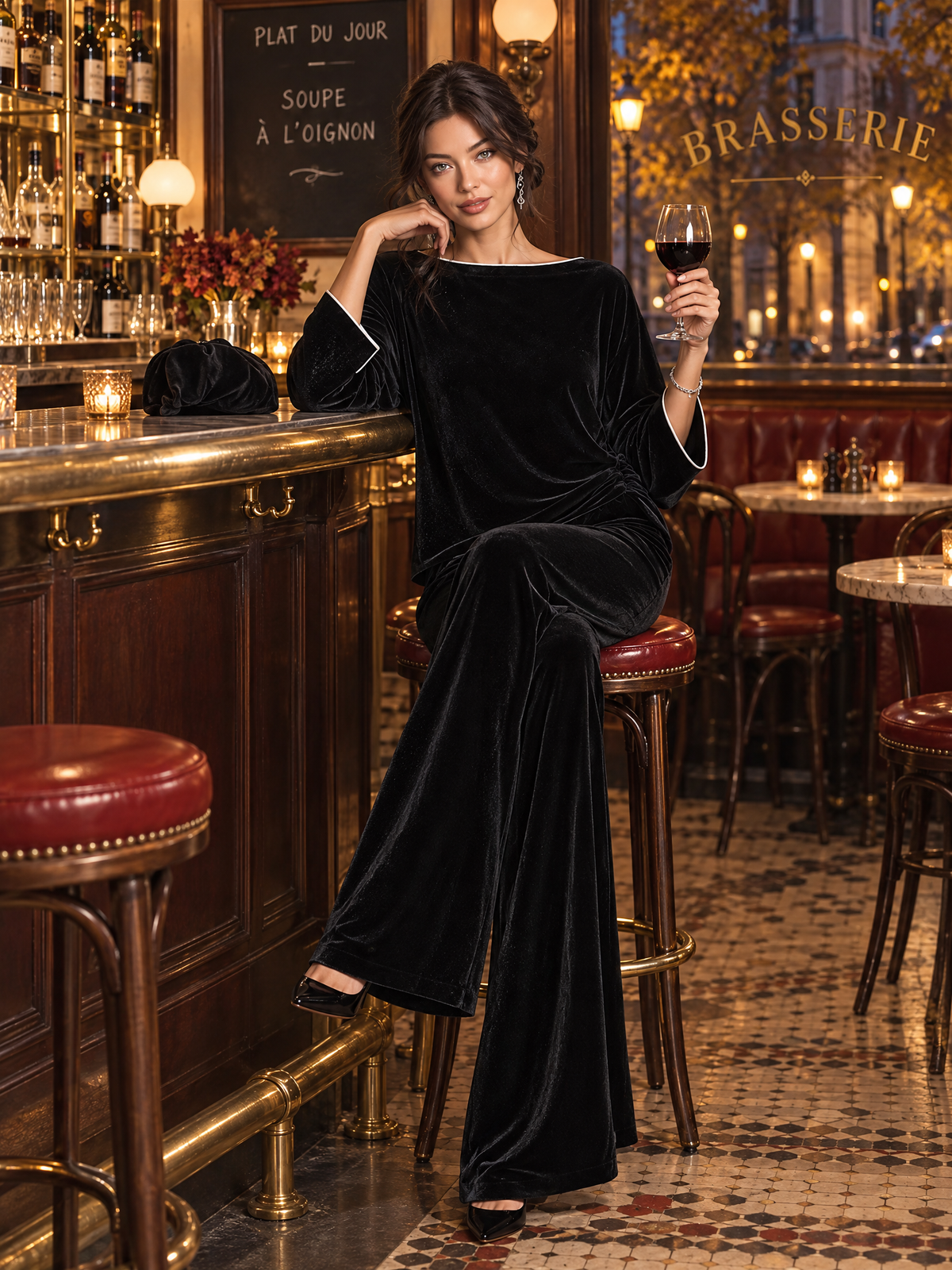 Women's Velvet Two-Piece Set Boat Neck Top & Wide Leg Palazzo Pants – House of Velari