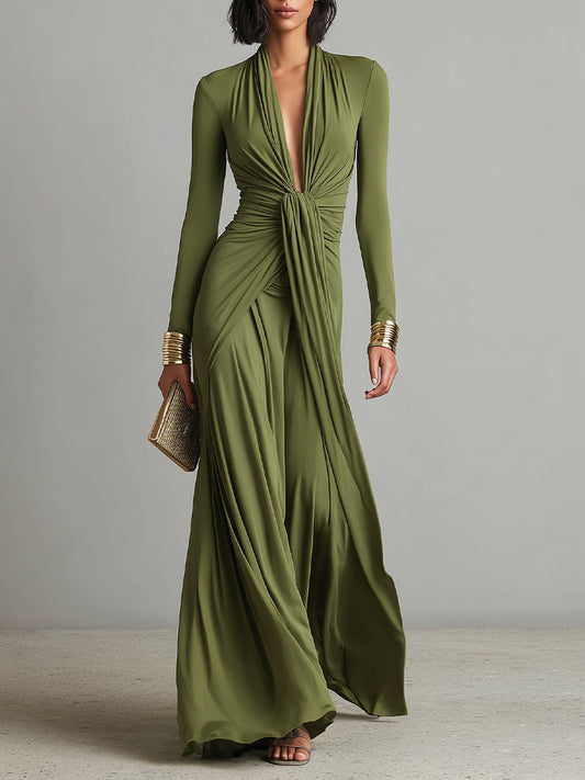 Women's Olive Silky Ruched Maxi Dress – House of Velari