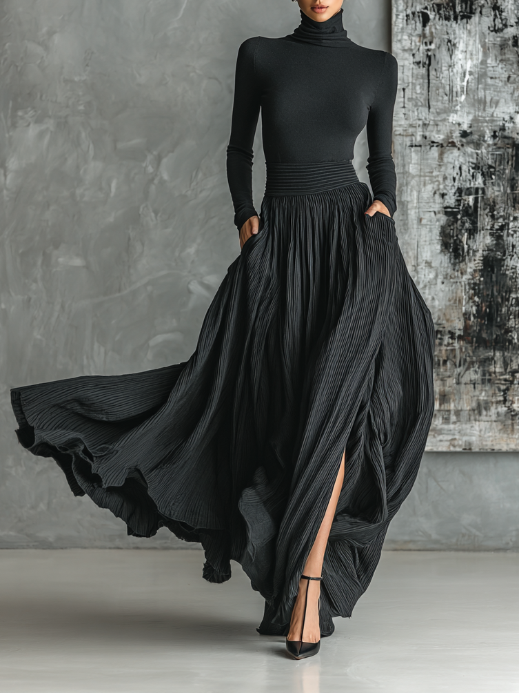 Women's Black Turtleneck Pleated Skirt Set – House of Velari