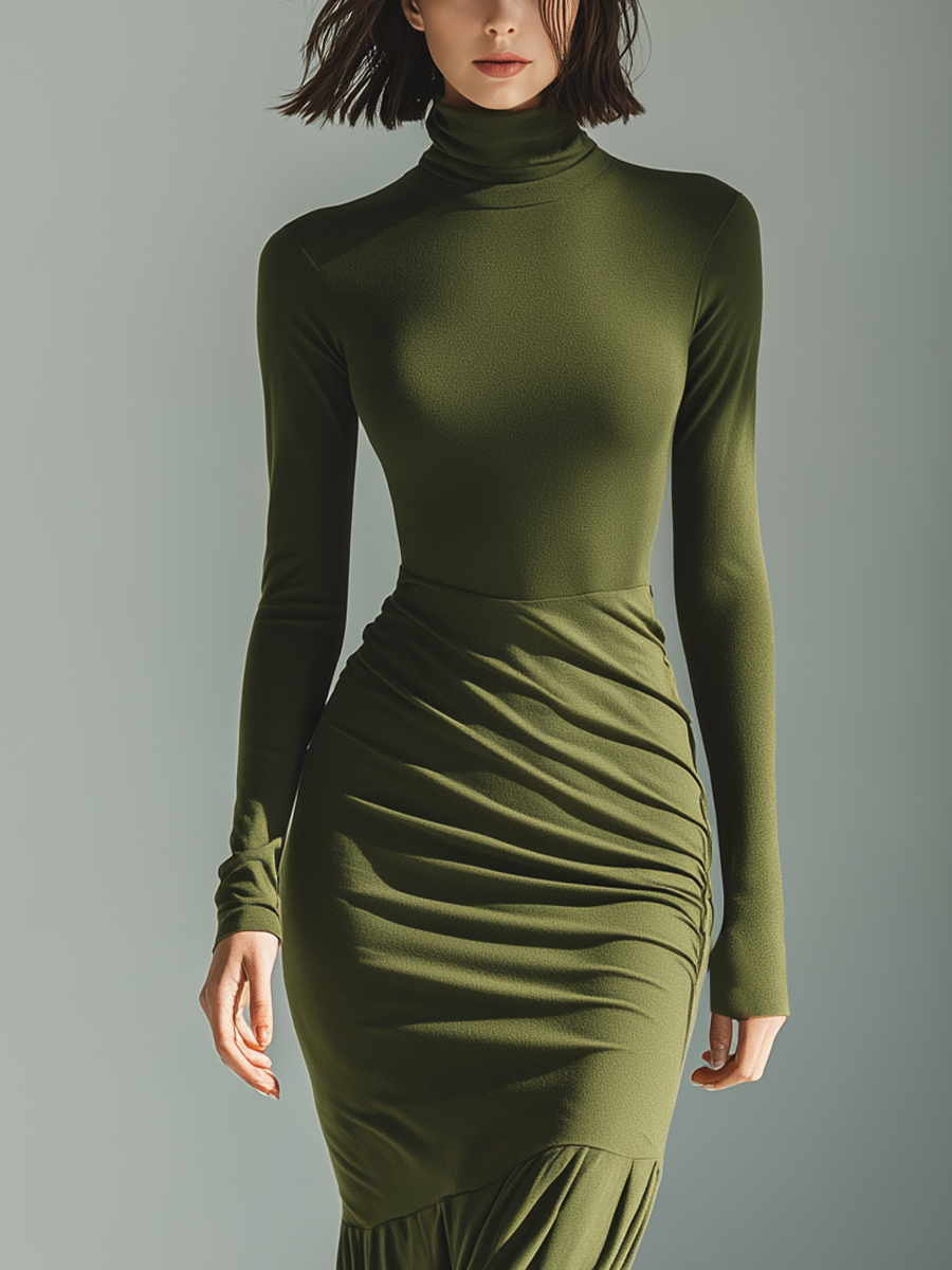 Women's Green Knit High Neck Pleated Maxi Dress – House of Velari