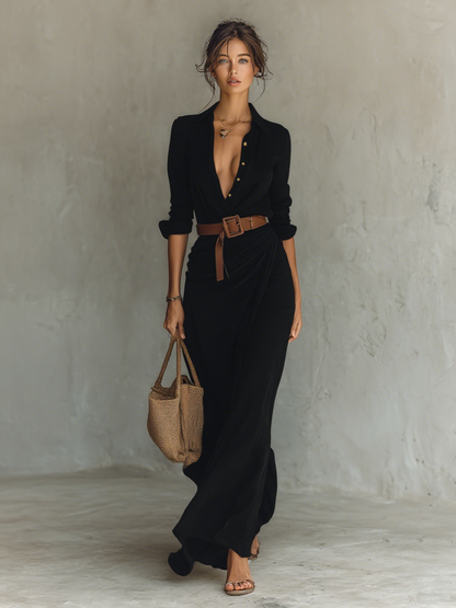 Women's Long Sleeve Belted Lapel Maxi Dress – House of Velari