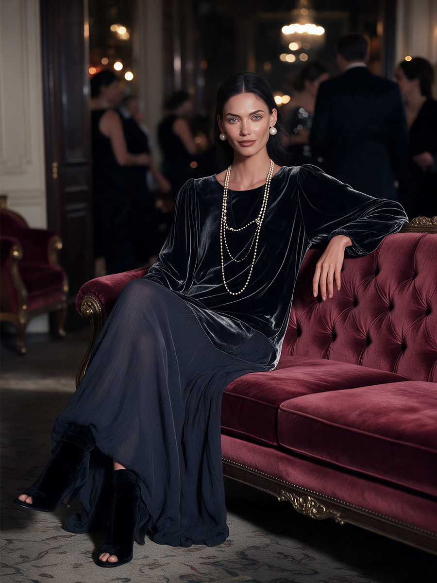 Women's Black Round-Neck Blouson-Sleeve Velvet-and-Chiffon Asymmetric Full-Skirt Maxi Dress – House of Velari