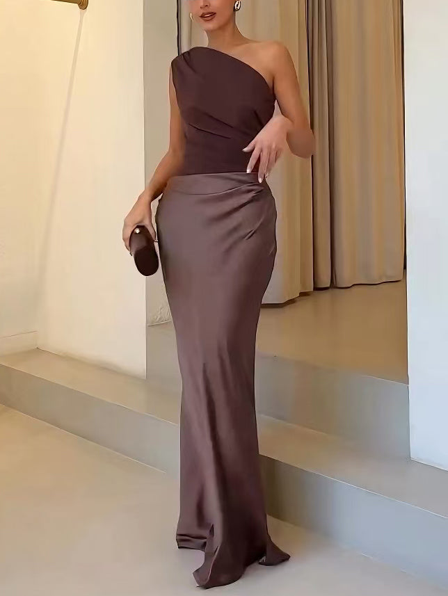 Women's Wedding Satin One Shoulder Maxi Dress – House of Velari
