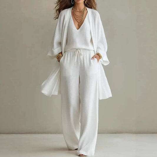 Women's Linen 3-Piece Co-ord Set Cardigan Top Pants – House of Velari