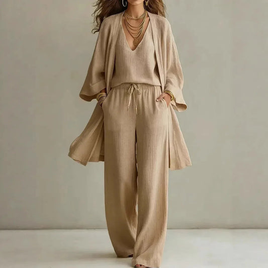 Women's Linen 3-Piece Co-ord Set Cardigan Top Pants – House of Velari