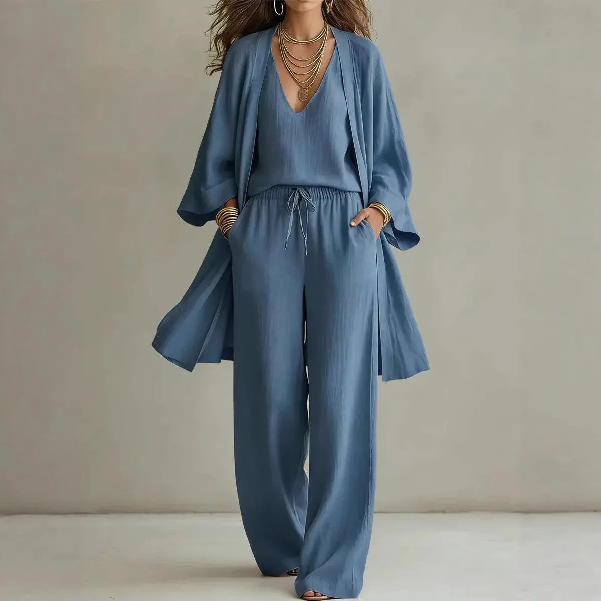Women's Linen 3-Piece Co-ord Set Cardigan Top Pants – House of Velari
