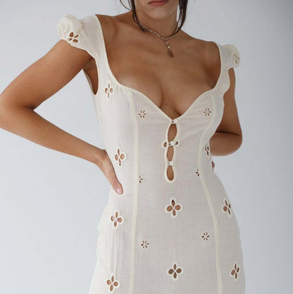 Women's White Eyelet Lace Mermaid Midi Dress – Cut-Out Bodice – House of Velari