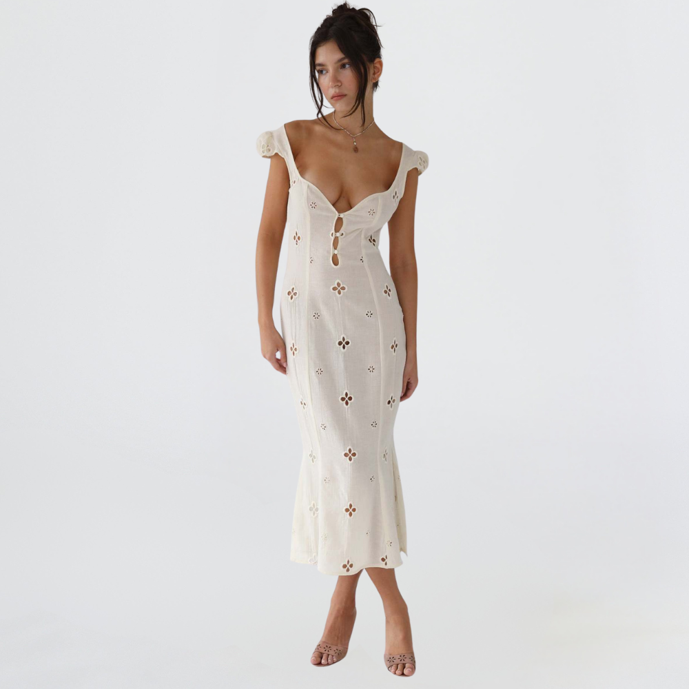 Women's White Eyelet Lace Mermaid Midi Dress – Cut-Out Bodice – House of Velari