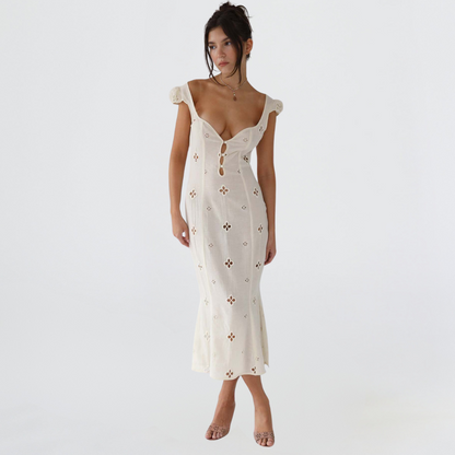 Women's White Eyelet Lace Mermaid Midi Dress – Cut-Out Bodice – House of Velari