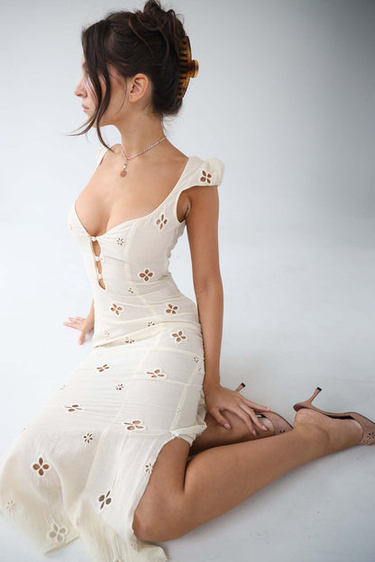 Women's White Eyelet Lace Mermaid Midi Dress – Cut-Out Bodice – House of Velari