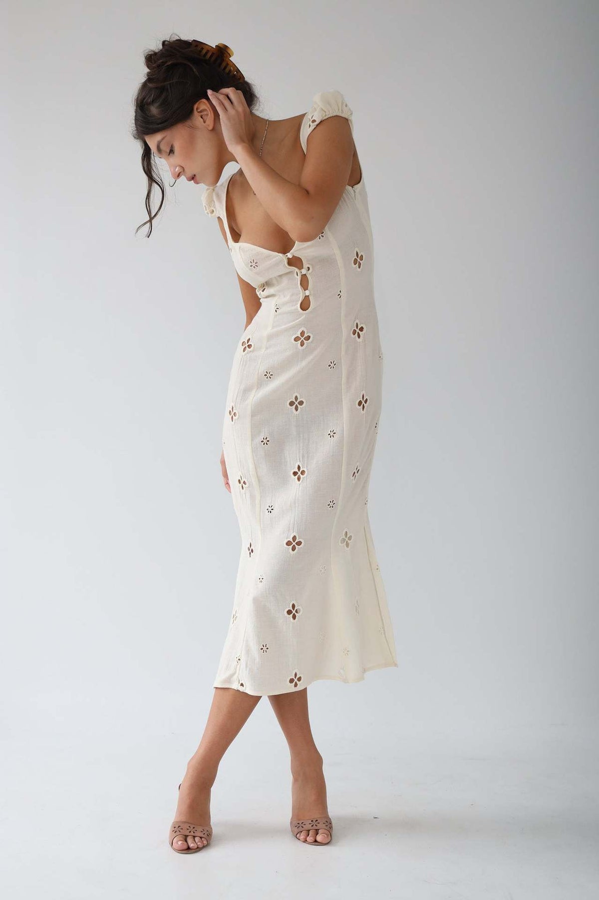 Women's White Eyelet Lace Mermaid Midi Dress – Cut-Out Bodice – House of Velari