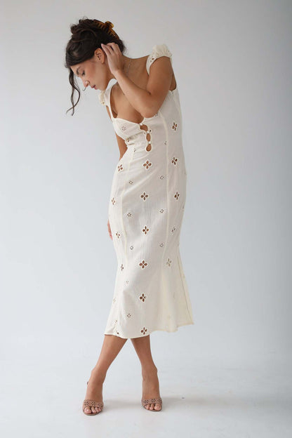 Women's White Eyelet Lace Mermaid Midi Dress – Cut-Out Bodice – House of Velari