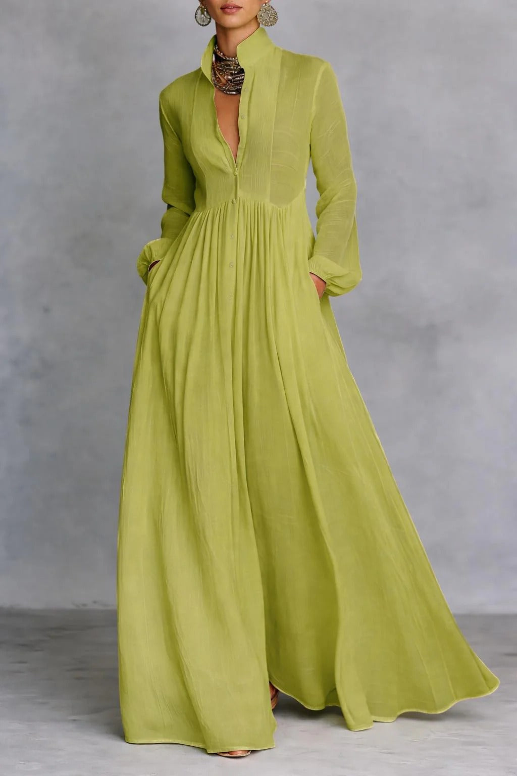 Women's Button-Front Maxi Dress Flowing Green – House of Velari