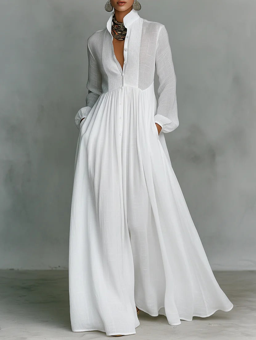 Women's Button-Front Maxi Dress Flowing White – House of Velari