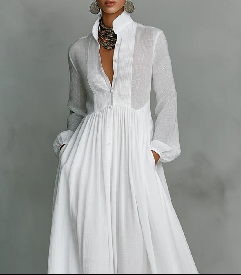 Women's Button-Front Maxi Dress Flowing White – House of Velari