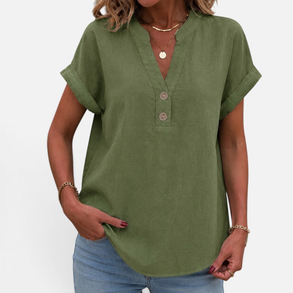 Button Detail V-Neck Short-Sleeve Blouse – House of Velari