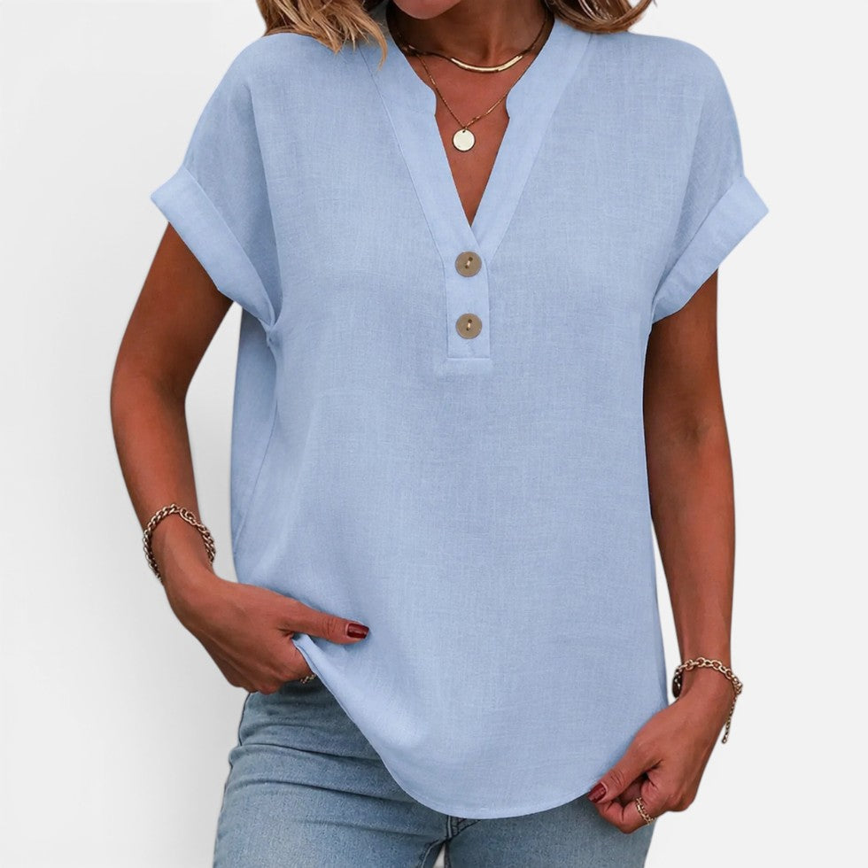 Button Detail V-Neck Short-Sleeve Blouse – House of Velari