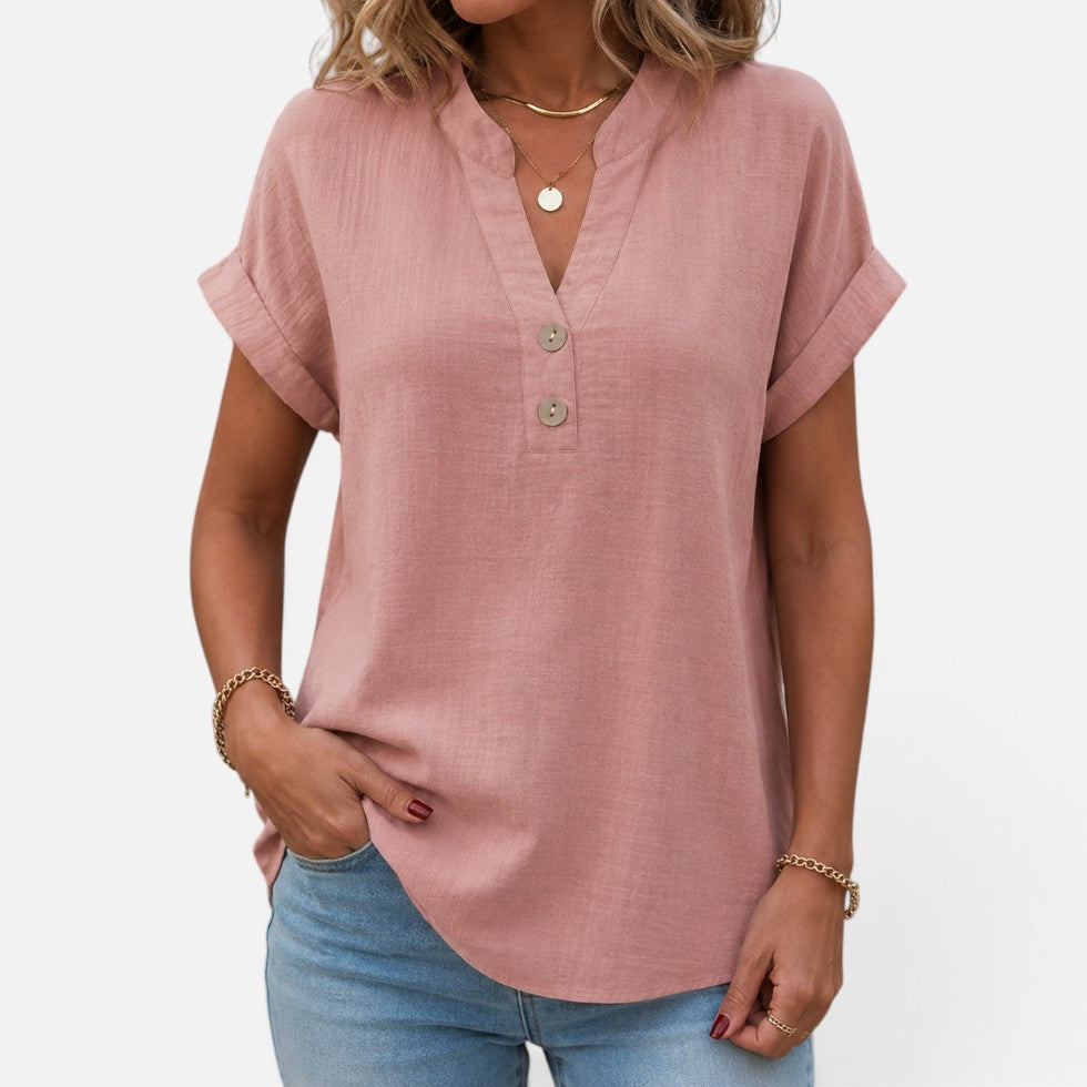 Button Detail V-Neck Short-Sleeve Blouse – House of Velari