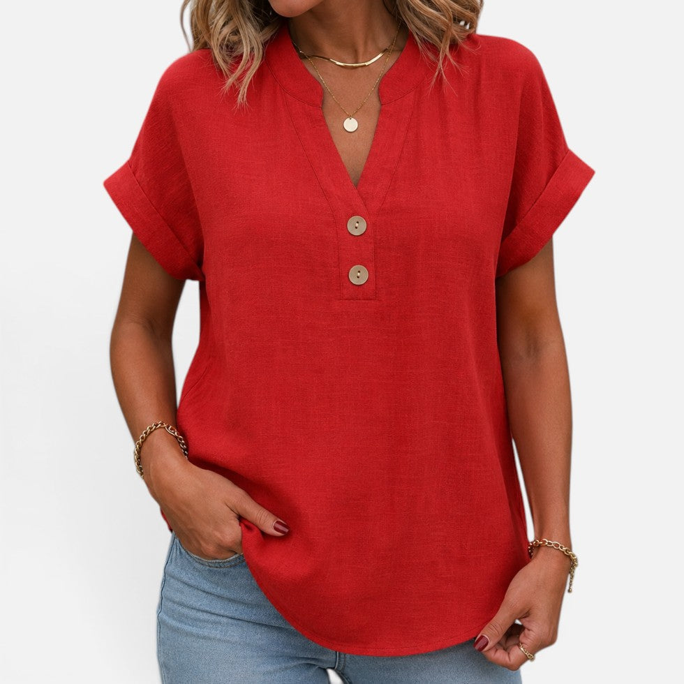 Button Detail V-Neck Short-Sleeve Blouse – House of Velari