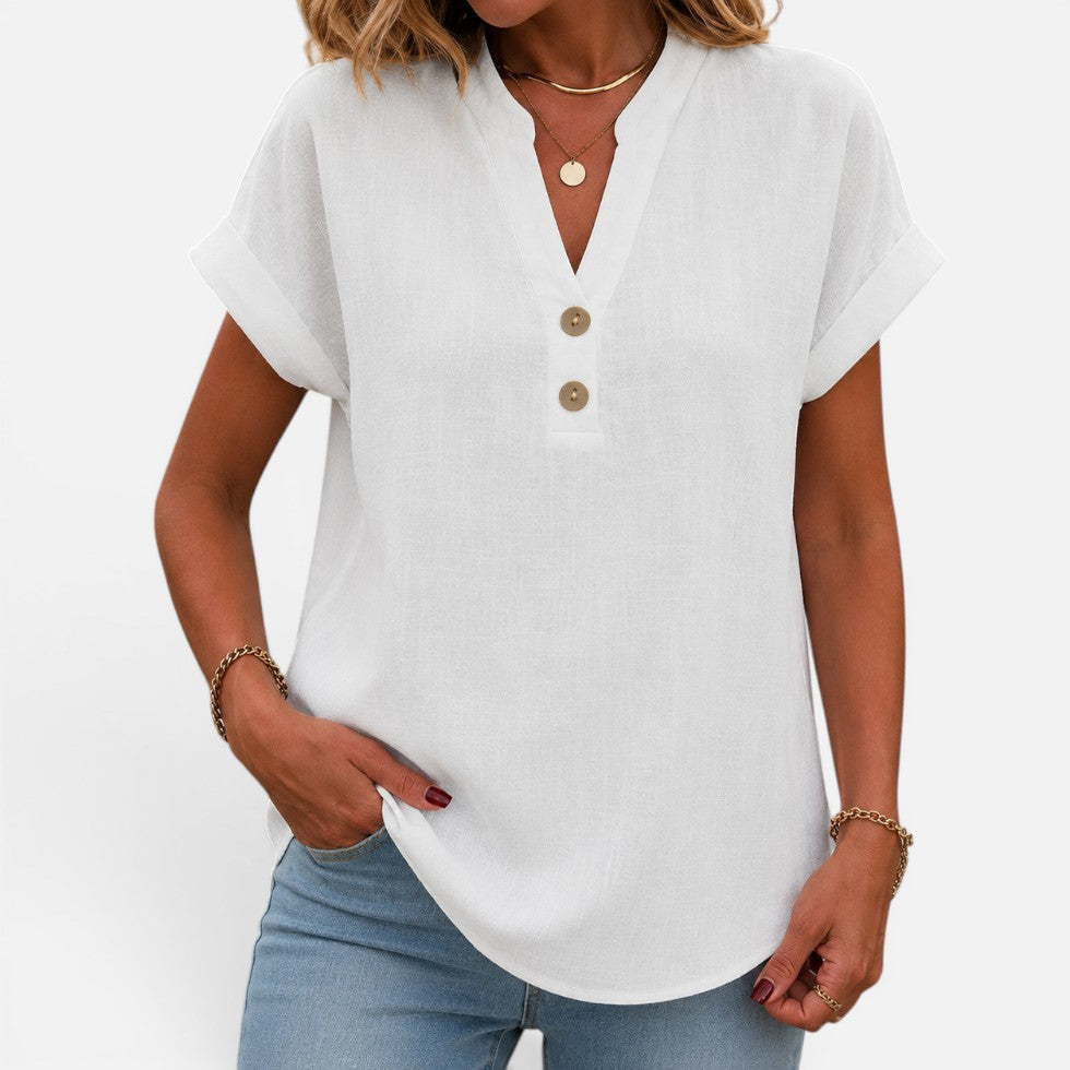 Button Detail V-Neck Short-Sleeve Blouse – House of Velari
