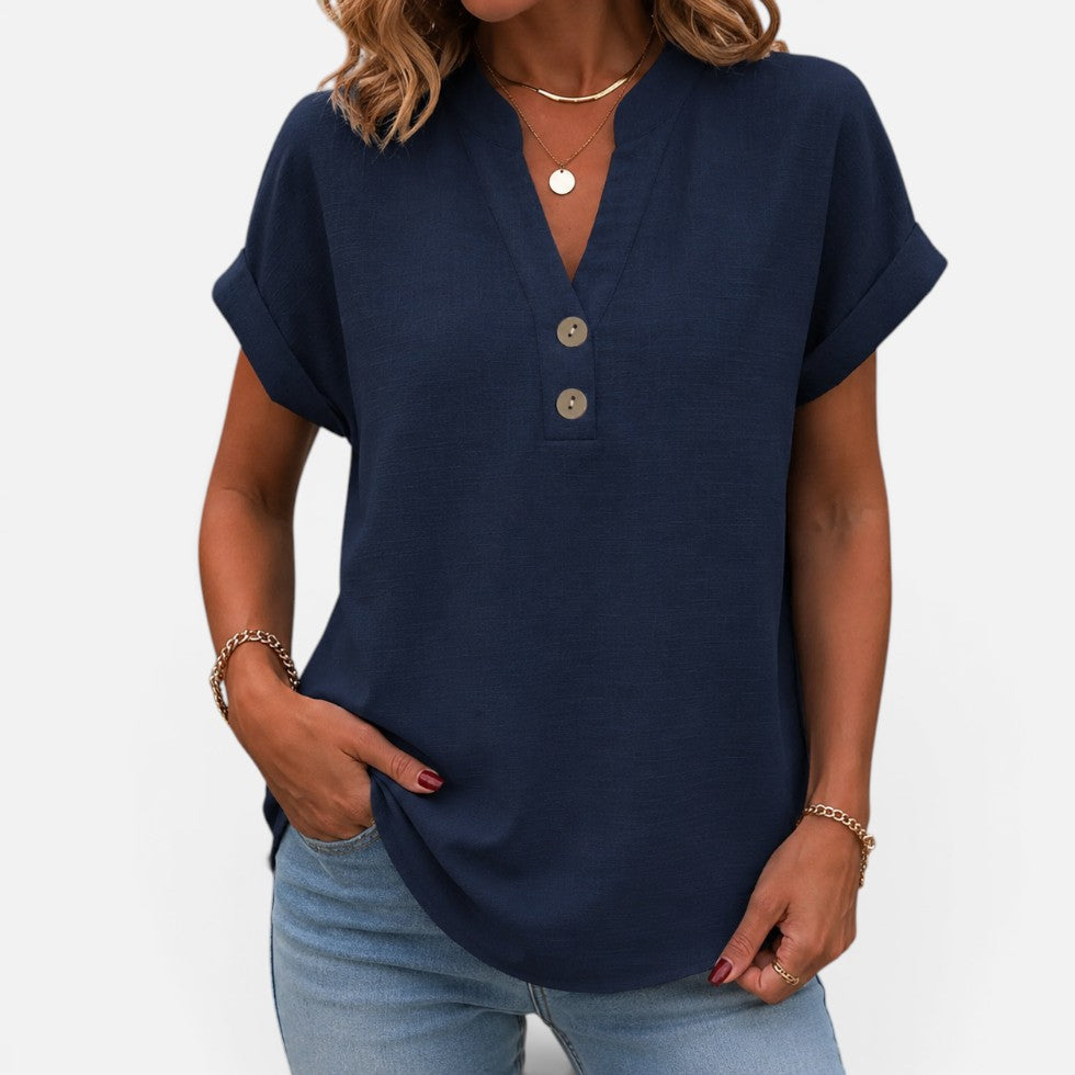 Button Detail V-Neck Short-Sleeve Blouse – House of Velari