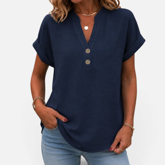 Button Detail V-Neck Short-Sleeve Blouse – House of Velari
