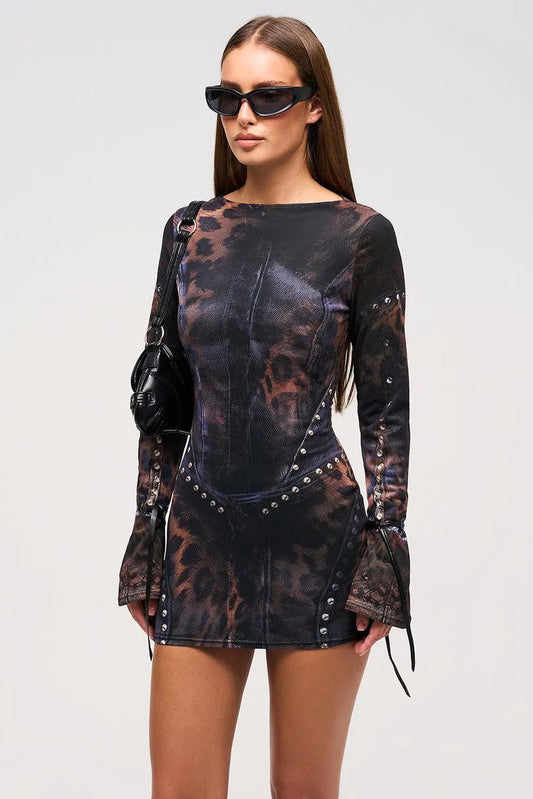 Women's Leopard Print Mini Dress with Sheer Mesh, Long Sleeves – House of Velari