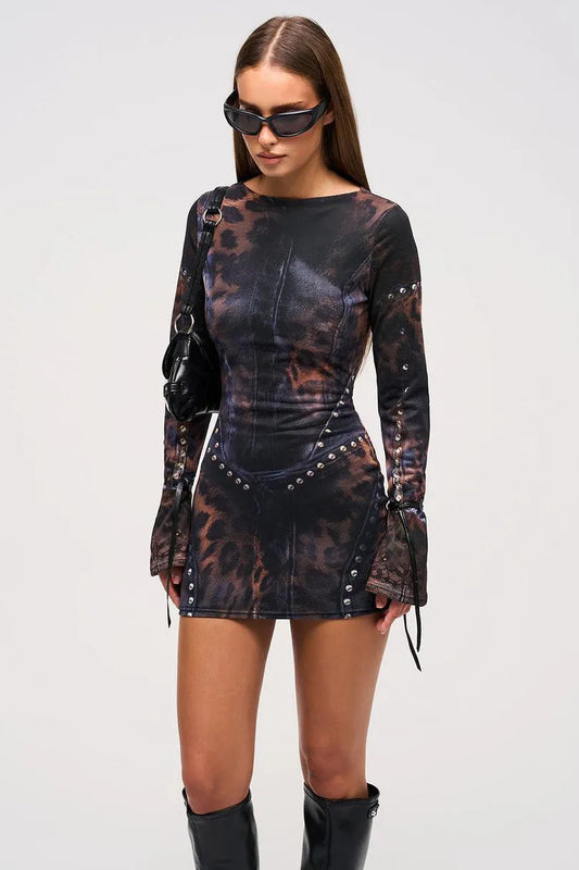 Women's Leopard Print Mini Dress with Sheer Mesh, Long Sleeves – House of Velari