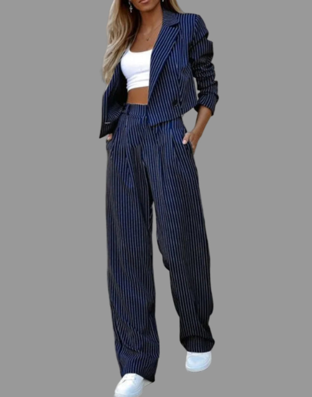 Women's Pinstripe Blazer & Wide Leg Trouser Suit Set – House of Velari