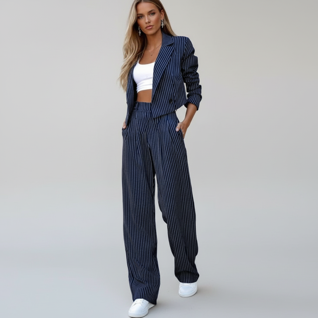 Women's Pinstripe Blazer Wide Leg Trouser Outfit – House of Velari