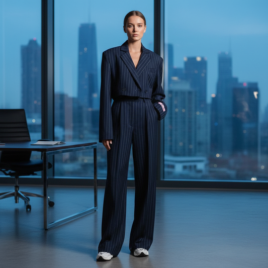 Women's Pinstripe Blazer Wide Leg Trouser Outfit – House of Velari