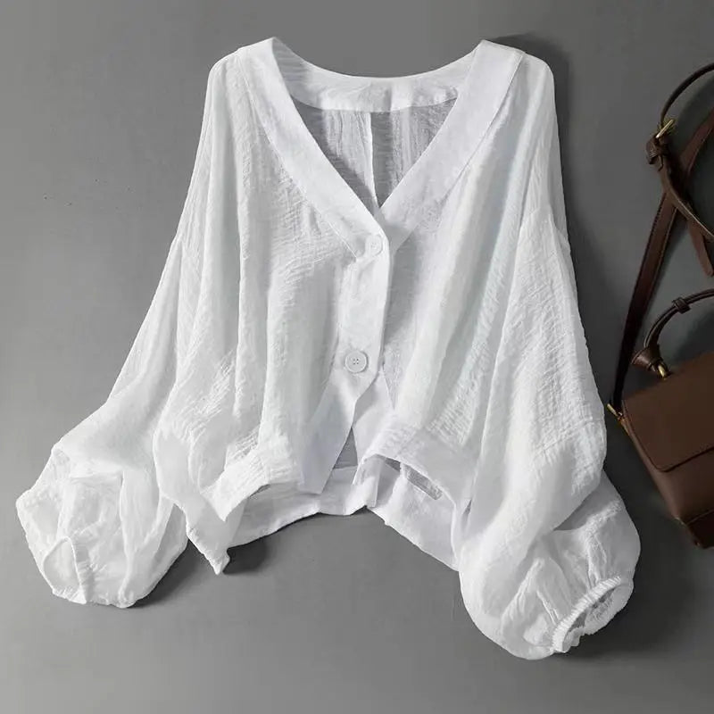 Women's Linen V-Neck Button Blouse Long Sleeve – House of Velari