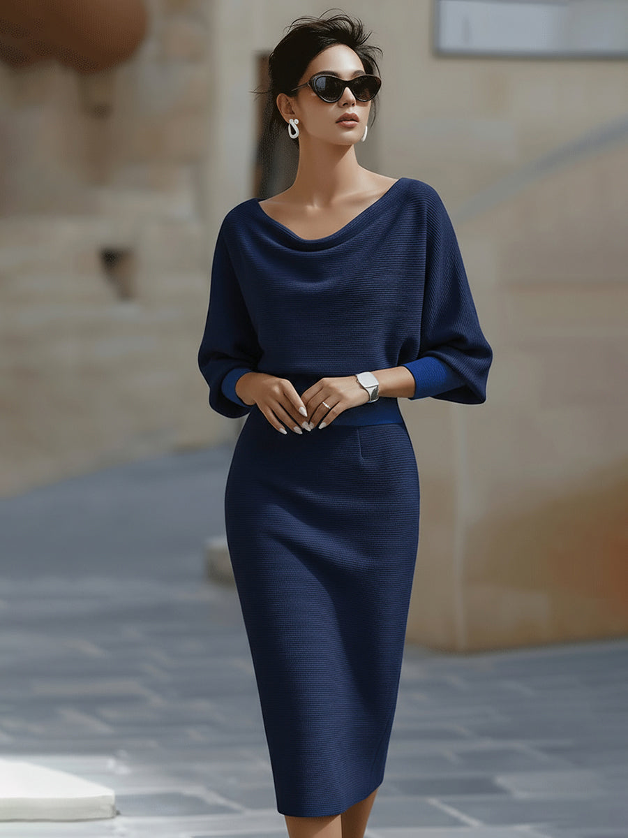 Women's Draped Cowl Neck Batwing Sleeve Midi Dress – House of Velari