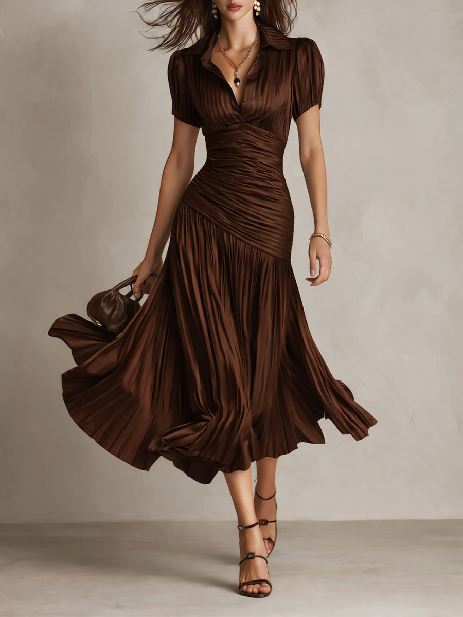 Women's Retro Satin Wrap V-Neck Midi Dress – House of Velari