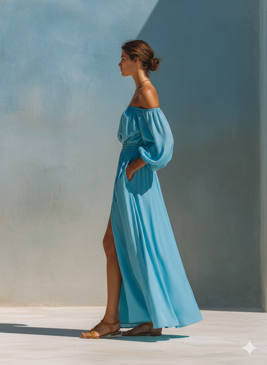 Women's Blue Puff Sleeve Slit Maxi Dress – House of Velari