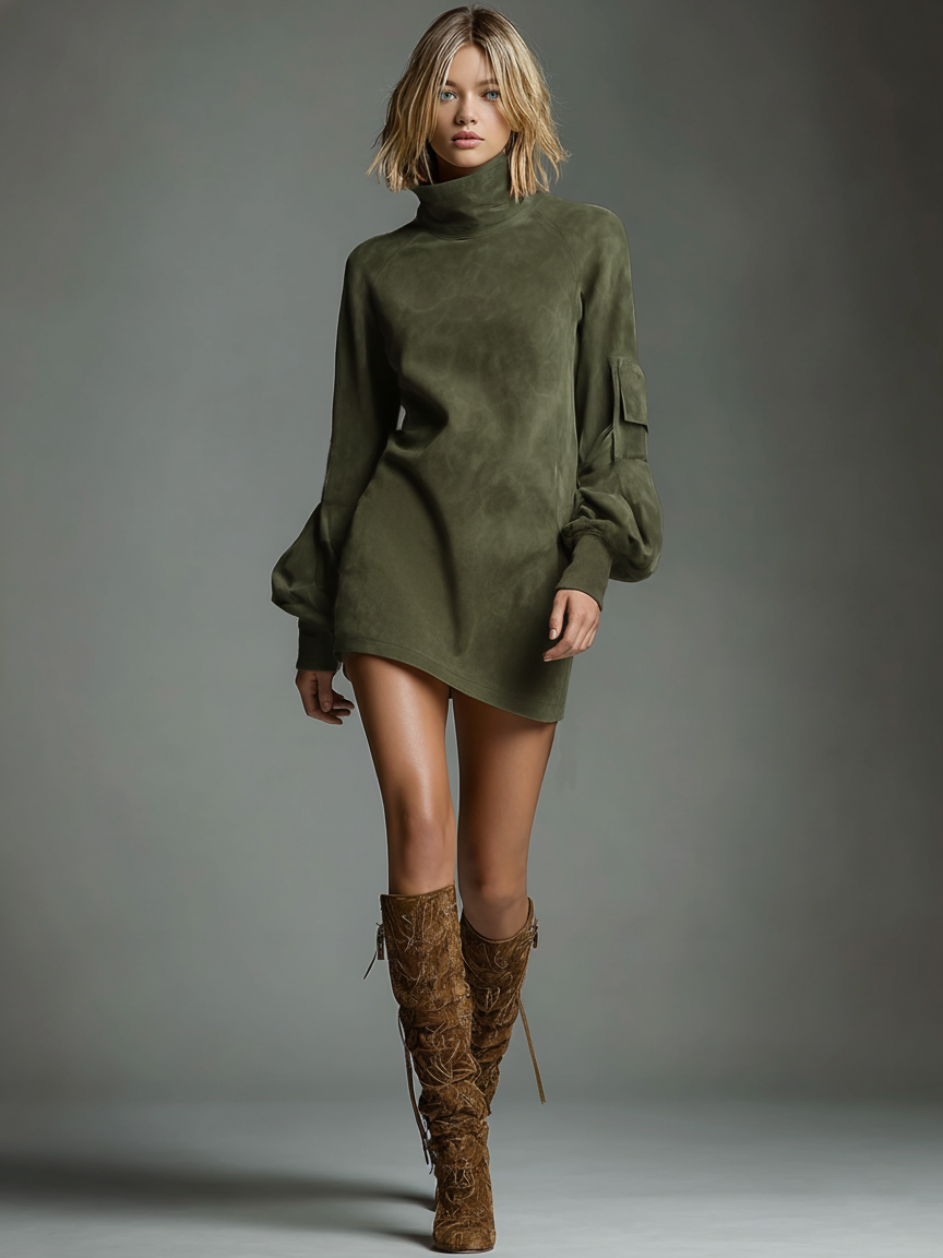 Women's Suede Turtleneck Vintage Mini Dress – House of Velari
