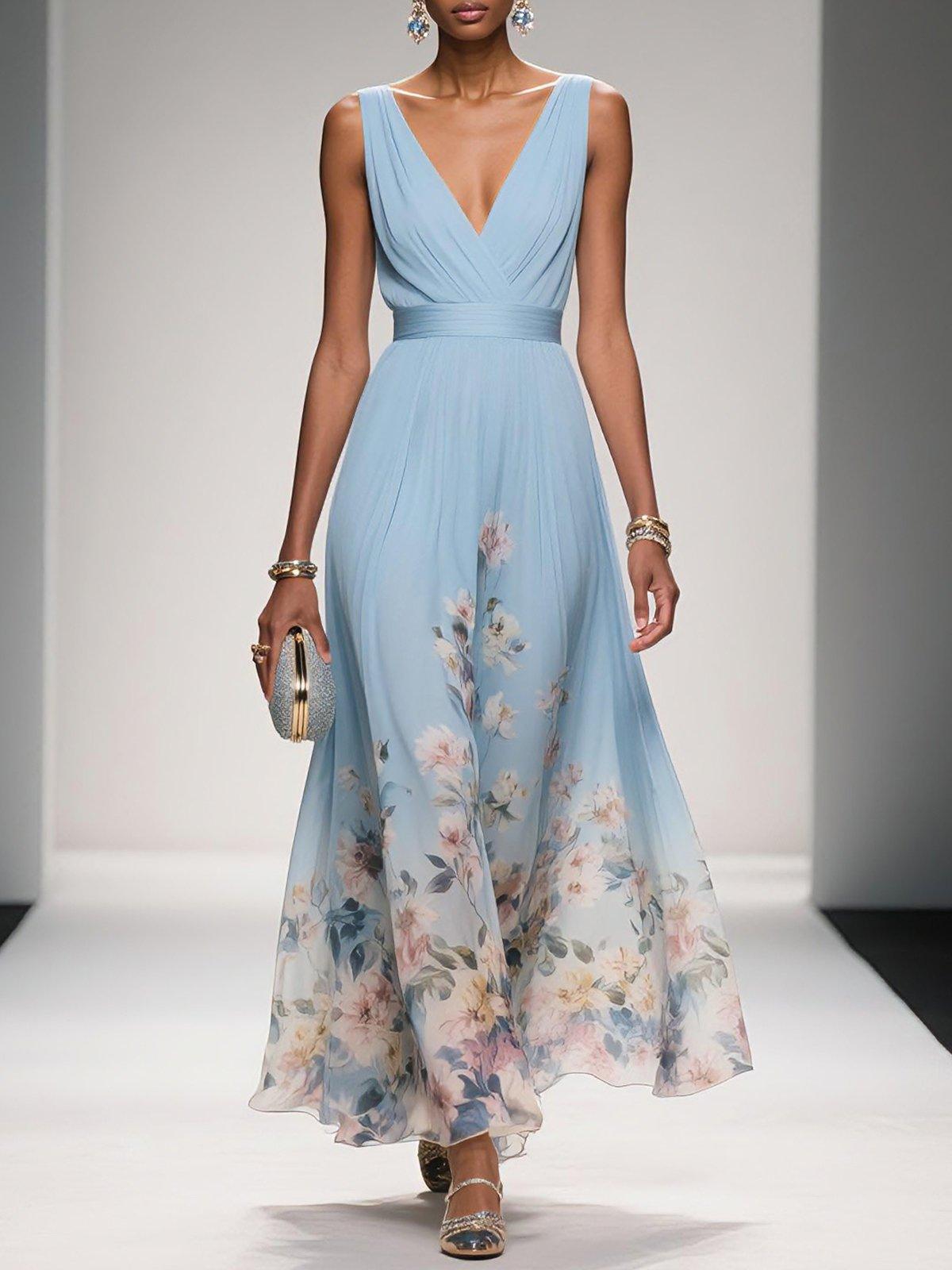 Women's Floral Print V-Neck Chiffon Maxi - Wedding Guest Dress – House of Velari