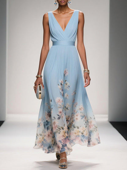 Women's Floral Print V-Neck Chiffon Maxi - Wedding Guest Dress – House of Velari