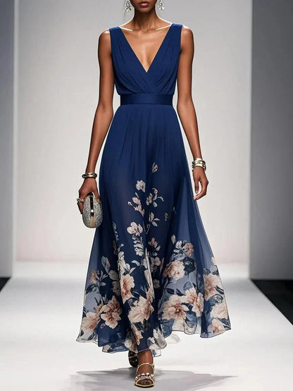 Women's Floral Print V-Neck Chiffon Maxi - Wedding Guest Dress – House of Velari