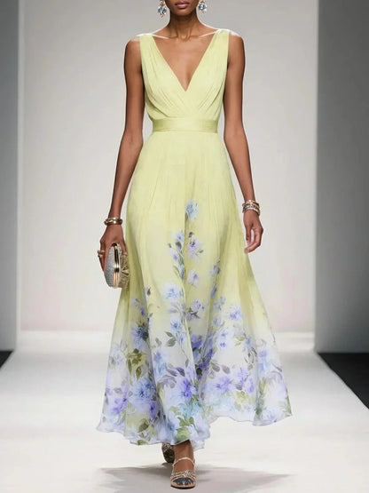Women's Floral Print V-Neck Chiffon Maxi - Wedding Guest Dress – House of Velari