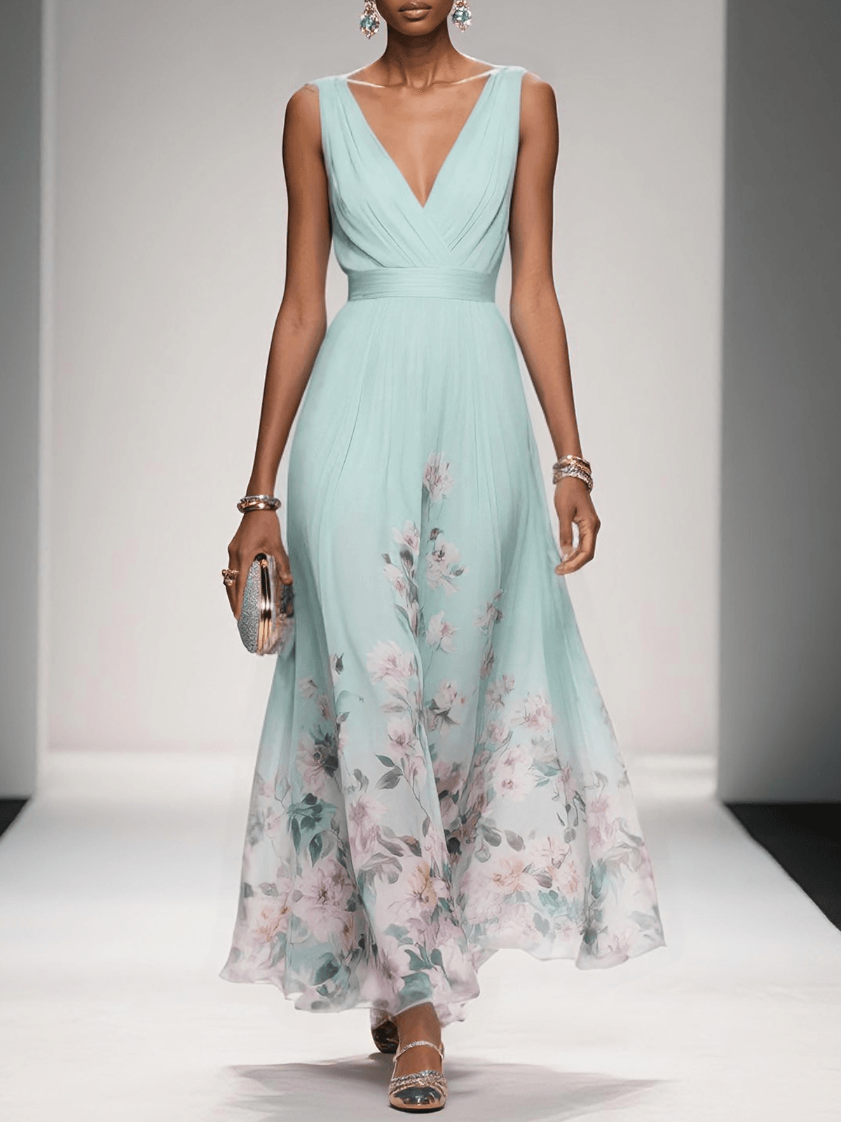Women's Floral Print V-Neck Chiffon Maxi - Wedding Guest Dress – House of Velari