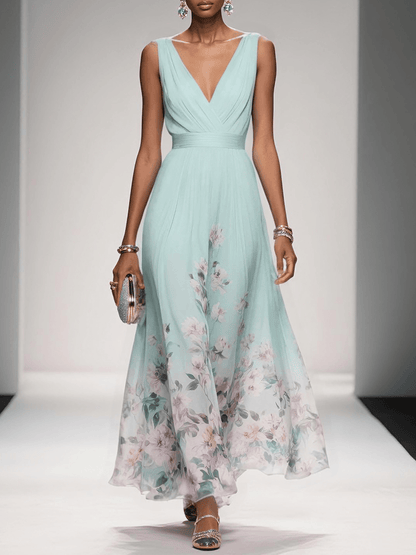 Women's Floral Print V-Neck Chiffon Maxi - Wedding Guest Dress – House of Velari
