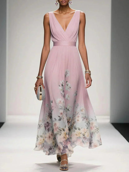 Women's Floral Print V-Neck Chiffon Maxi - Wedding Guest Dress – House of Velari