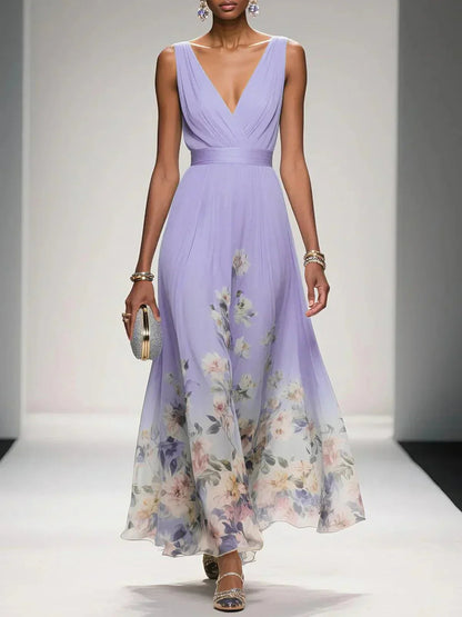 Women's Floral Print V-Neck Chiffon Maxi - Wedding Guest Dress – House of Velari