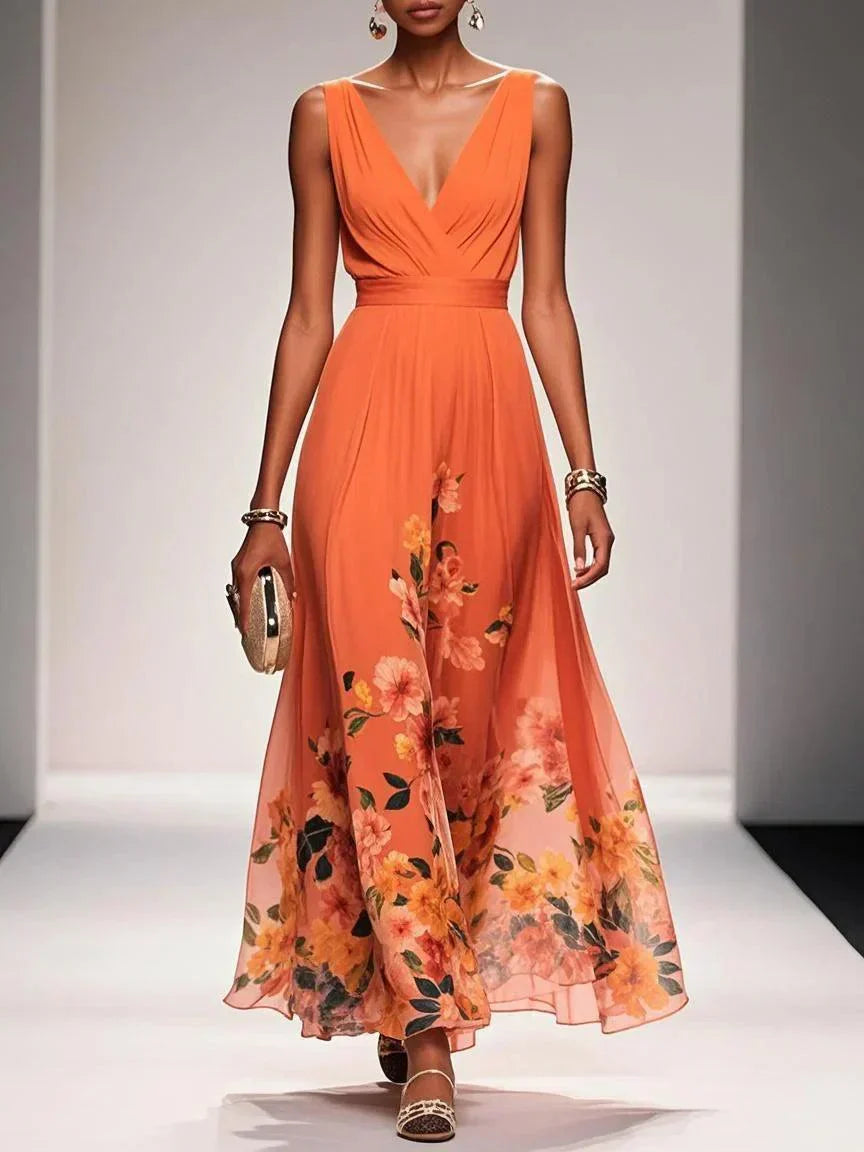 Women's Floral Print V-Neck Chiffon Maxi - Wedding Guest Dress – House of Velari